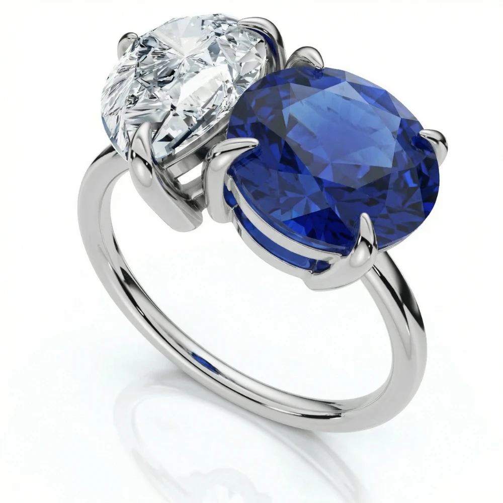 5 1/2Ct Certified Blue Sapphire & Diamond Toi Et Moi Diamond Ring Gold Lab Grown (G-H, VS)