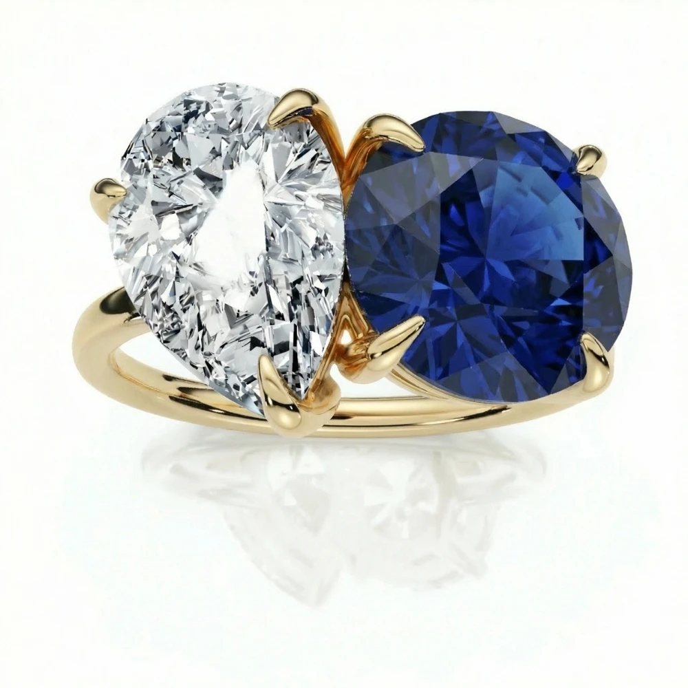 5 1/2Ct Certified Blue Sapphire & Diamond Toi Et Moi Diamond Ring Gold Lab Grown (G-H, VS)