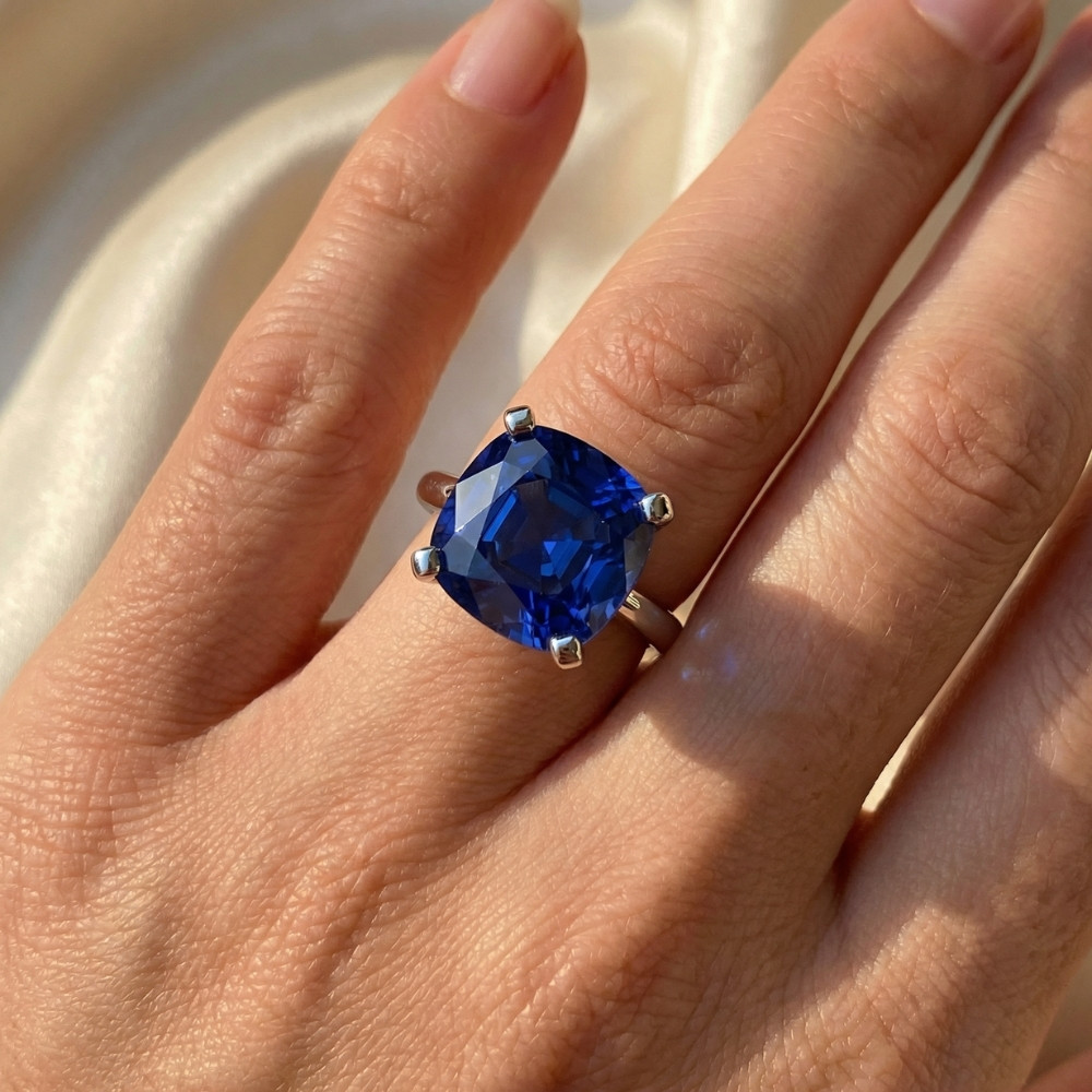 9 1/2Ct Cushion Blue Sapphire Solitaire Ring 14k Gold Lab Grown 12MM