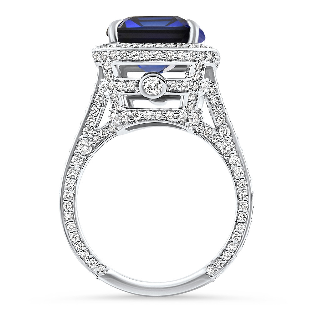 17.45Ct Emerald Cut Blue Sapphire Diamond Ring 14k White Gold Lab Grown (E-F, VS)