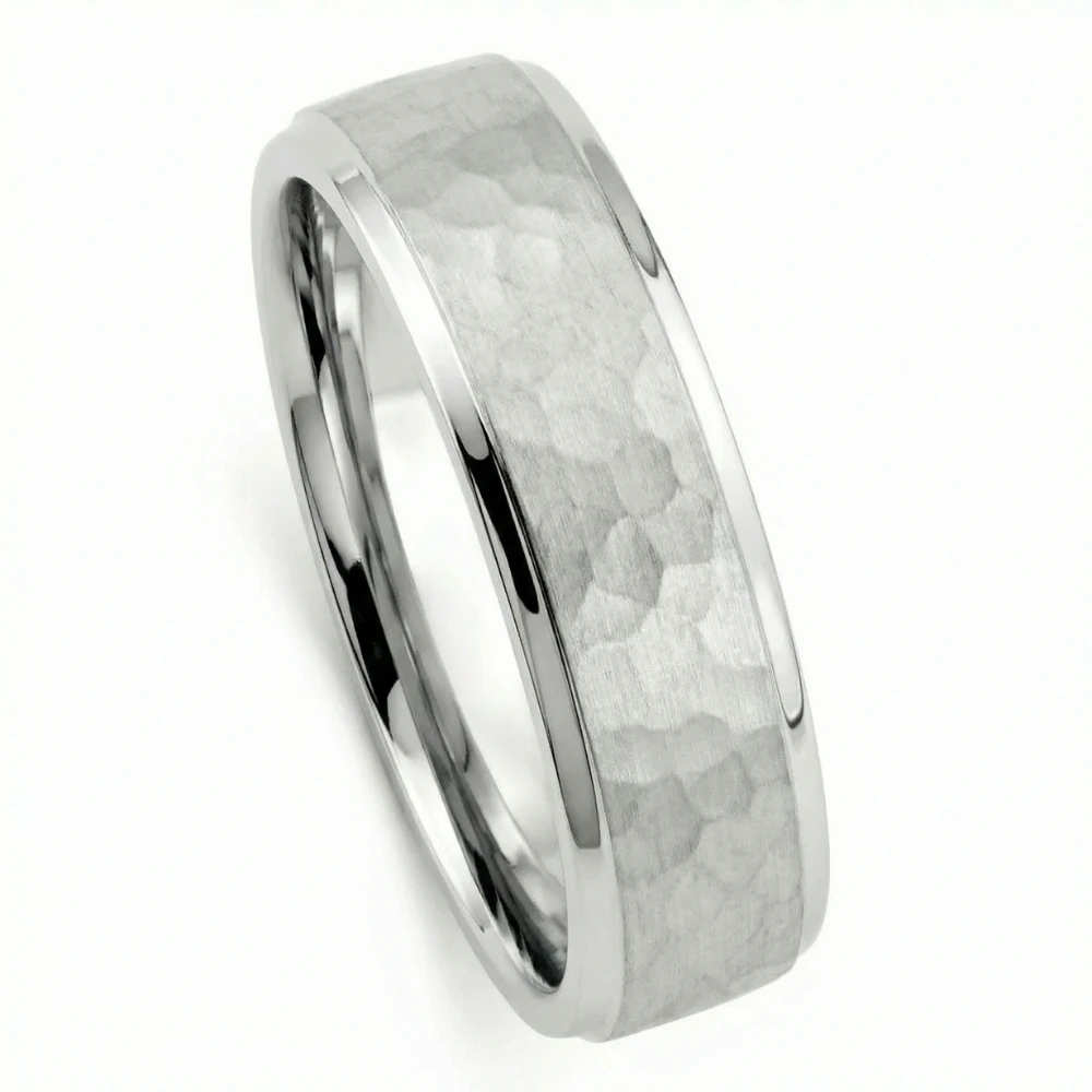 Men's Brushed Hammered Wedding Band 14k Gold Ring