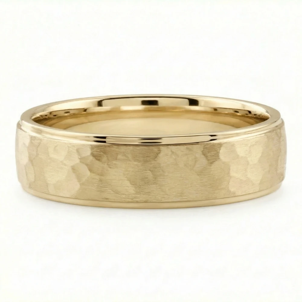 Men's Brushed Hammered Wedding Band 14k Gold Ring