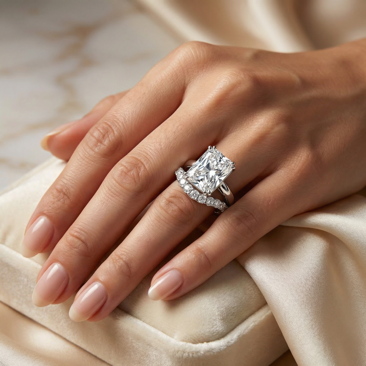 Certified 8Ct Radiant Cut Diamond Engagement Ring Set 14k Gold Lab Grown (E-F, VS)