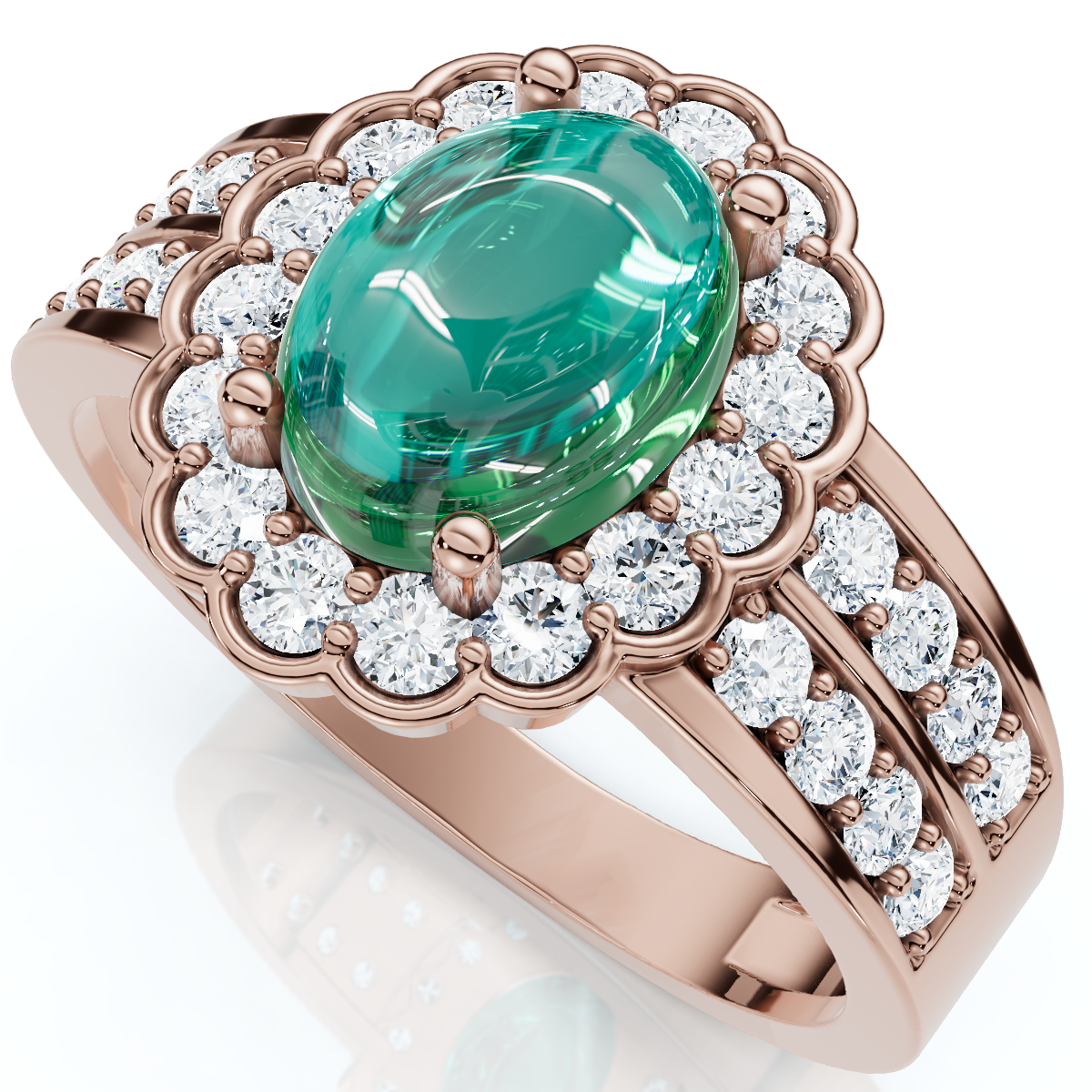 1 1/5ct Diamond Halo & Oval Emerald Cabochon Ring 10K Gold