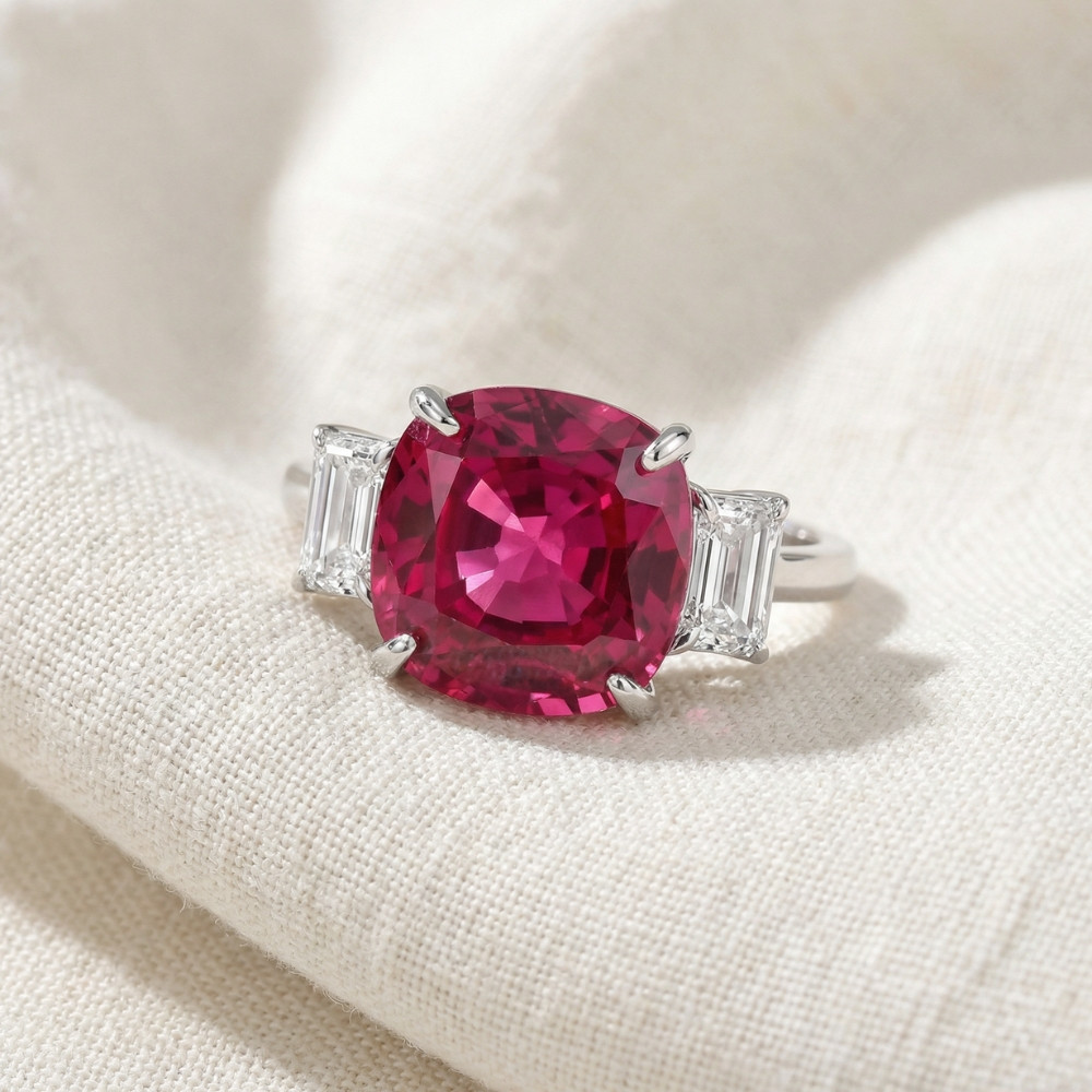 8.50Ct Cushion Ruby & Emerald Cut Diamond Ring 14k White Gold Lab Grown (E-F, VS)