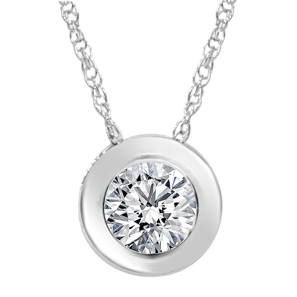 3/4ct  Round Bezel Solitaire Diamond Pendant Necklace 14K White Gold (G-H, SI)