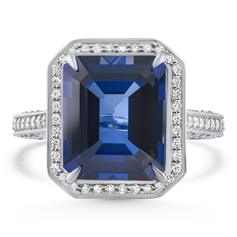 17.45Ct Emerald Cut Blue Sapphire Diamond Ring 14k White Gold Lab Grown (E-F, VS)