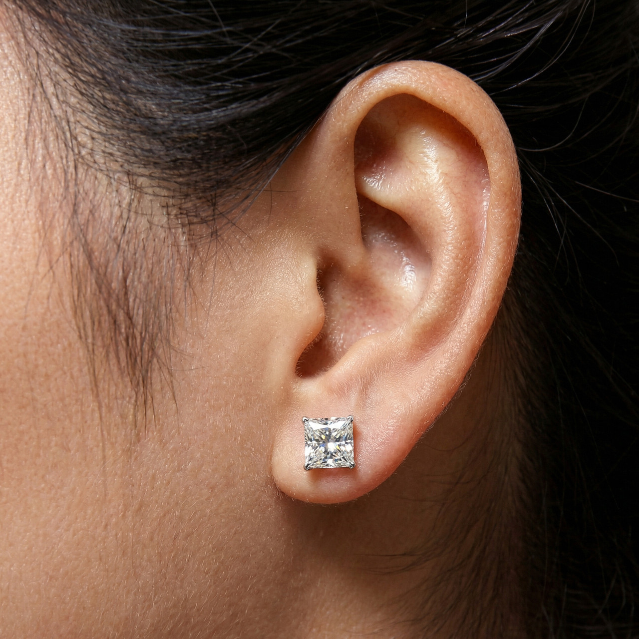 Certified 3Ct Princess Cut Diamond Studs 14k White Gold Lab Grown (F-G, VS)