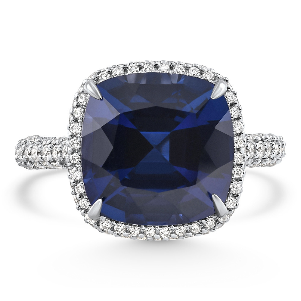 8.50Ct TW Cushion Blue Sapphire & pave Diamond Ring 14k White Gold Lab Grown (E-F, VS)