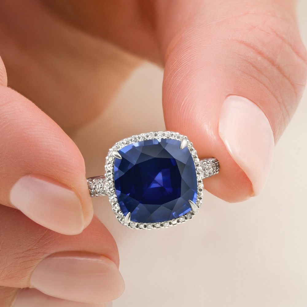 8.50Ct TW Cushion Blue Sapphire & pave Diamond Ring 14k White Gold Lab Grown (E-F, VS)