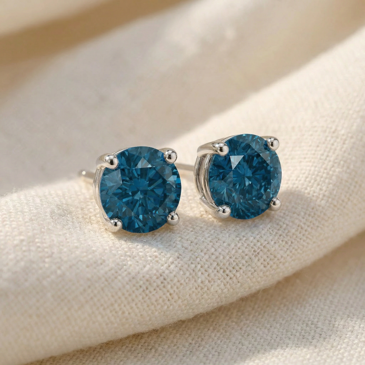 .85Ct Round Brilliant Cut Blue Diamond Studs 14K Gold Earrings (Blue, SI)