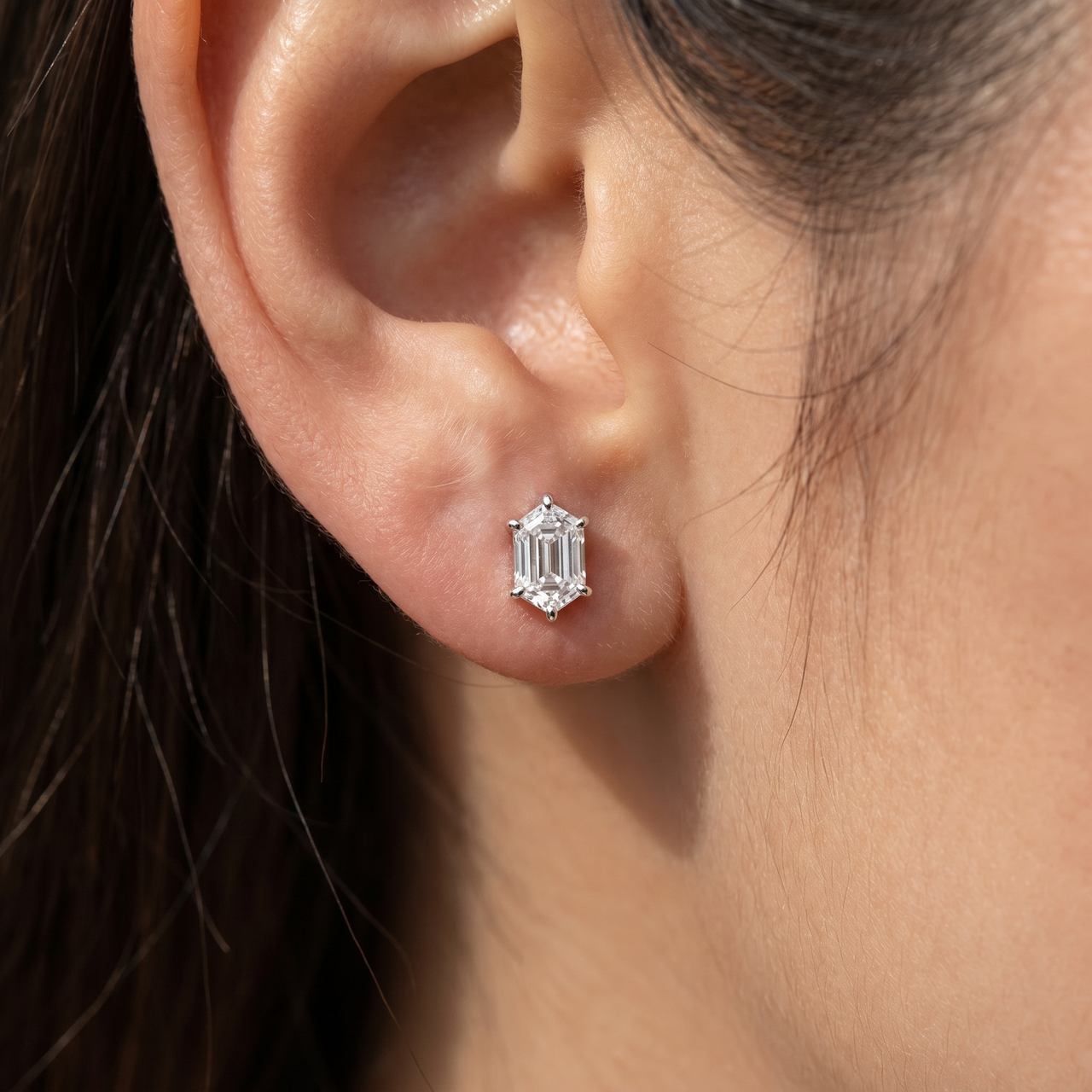 Certified 1Ct TW Long Hexagon Diamond Studs 14k White Gold Earrings Lab Grown (, VS)