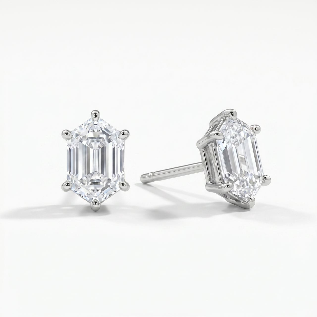 Certified 1Ct TW Long Hexagon Diamond Studs 14k White Gold Earrings Lab Grown (, VS)