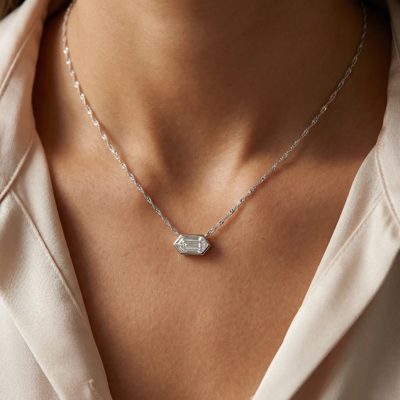 Certified 3/4Ct Long Hexagon Bezel Diamond East West Pendant Necklace Lab Grown (E-F, VS)