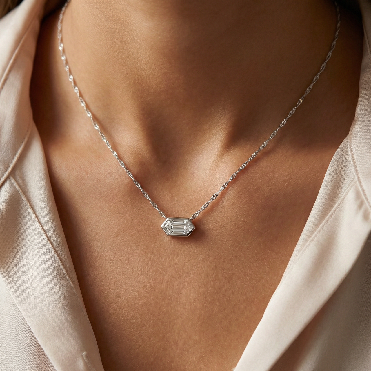Certified 3/4Ct Long Hexagon Bezel Diamond East West Pendant Necklace Lab Grown (E-F, VS)