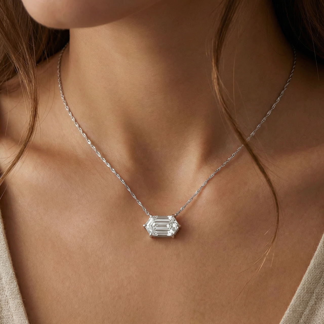 Certified 1.10Ct Long Hexagon Diamond East West Pendant Gold Necklace Lab Grown (E-F, VS)