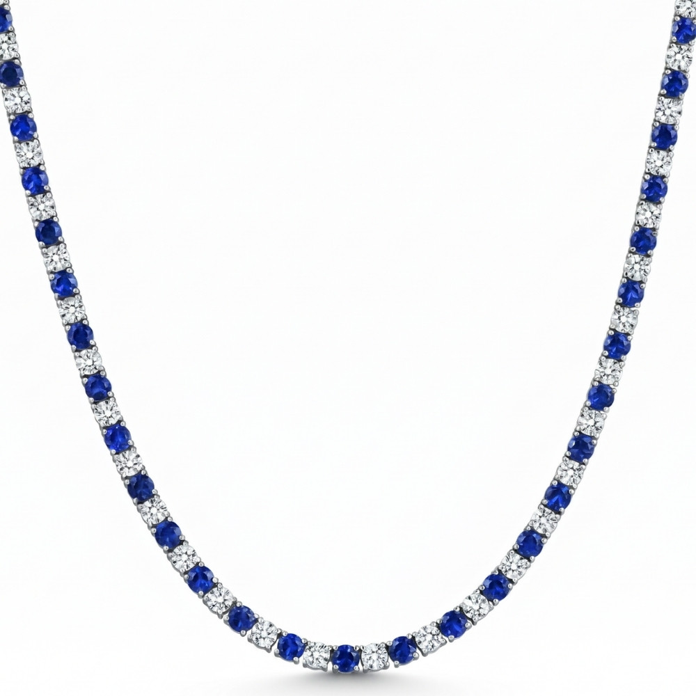 30Ct Blue Sapphire & Diamond Tennis Necklace 14k Gold 16.5" Lab Grown (E-F, VS)