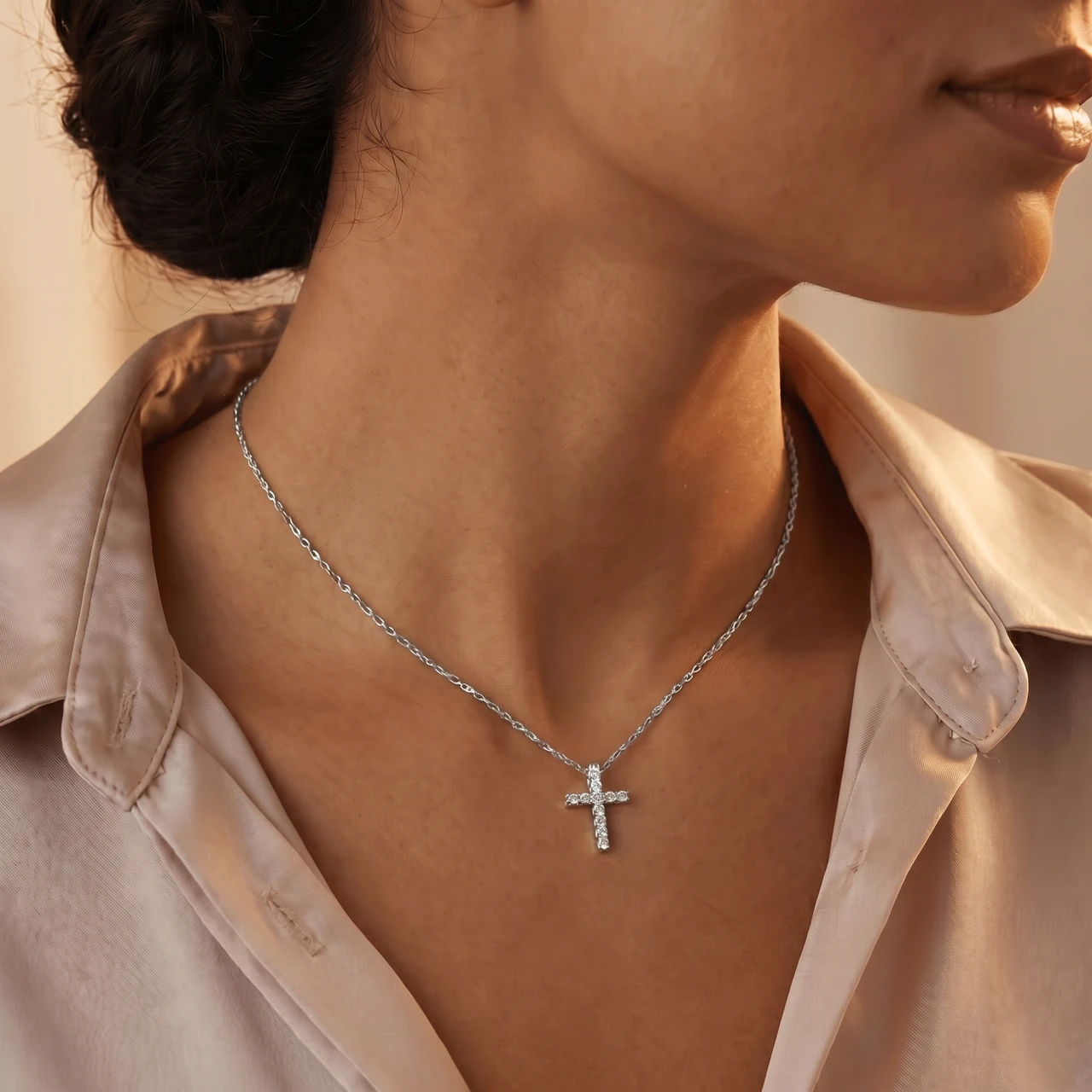 1/10ct Diamond Cross Pendant 10K White Gold 1/2" Tall Lab Grown (E-F, VS)