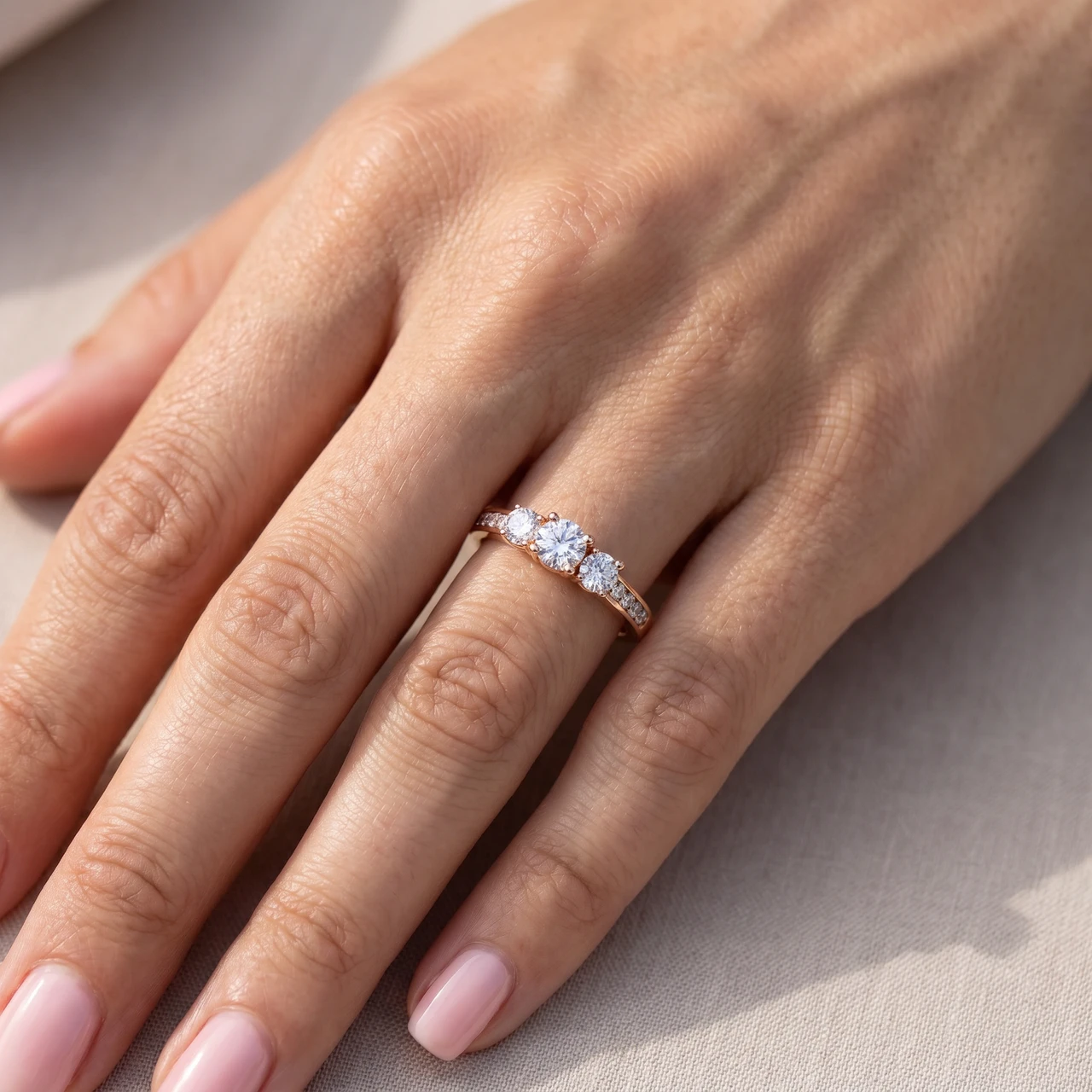 1ct 3 Stone Diamond Engagement Ring 14K Rose Gold (I-J, I2-I3)