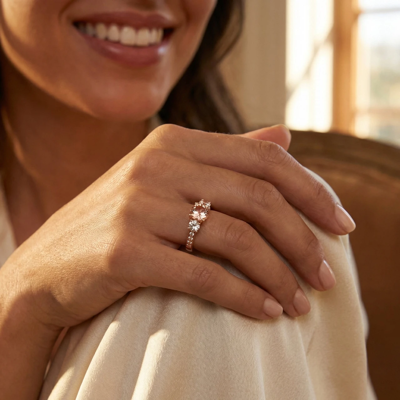 1ct Morganite & Diamond 3-Stone Ring 10k Rose Gold (, I1)