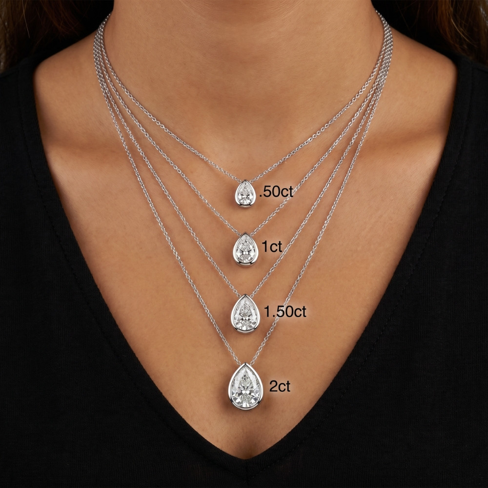 .50 - 2Ct Bezel Pear Shape Diamond Pendant 14k Gold Necklace 18" Lab Grown (E-F, VS)