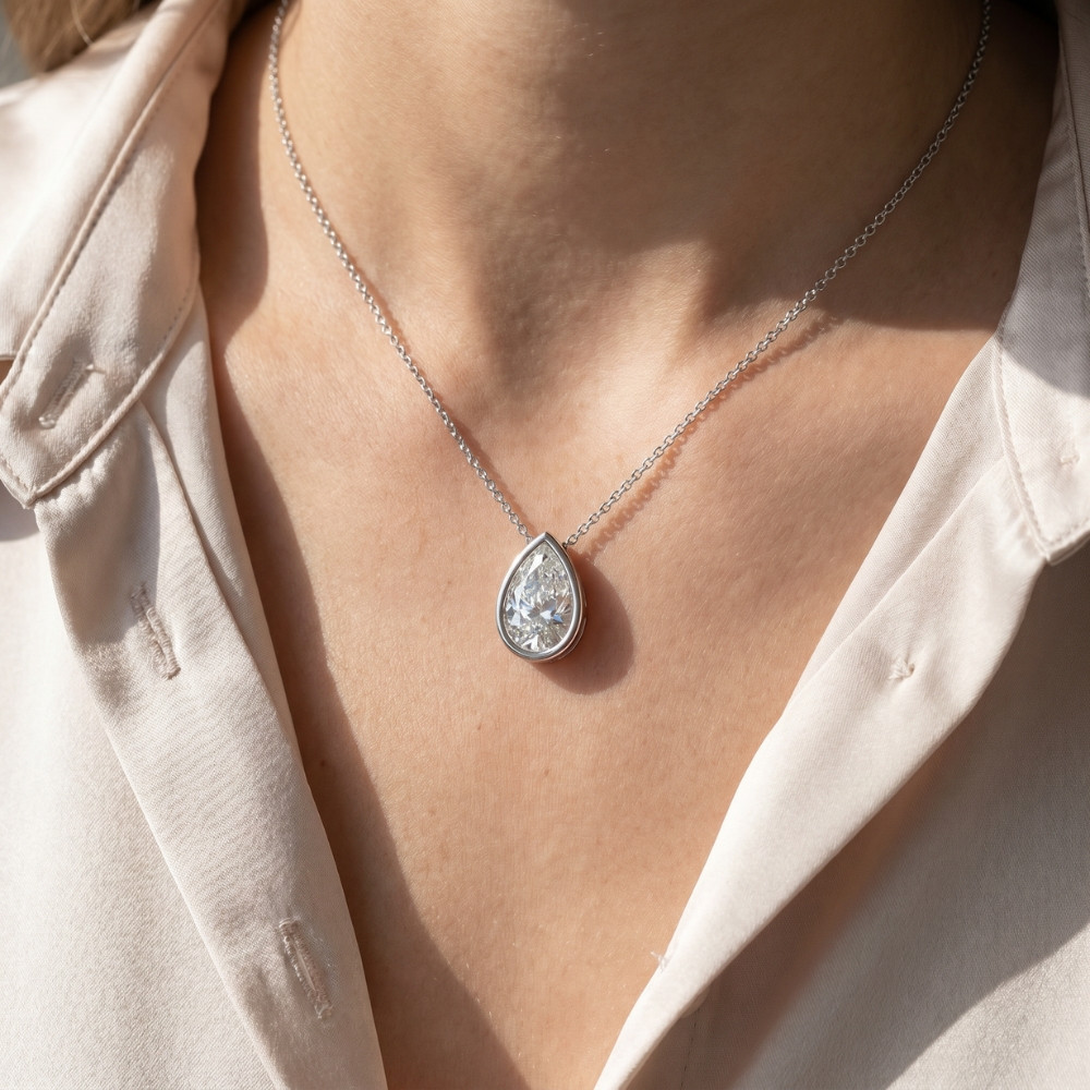 .50 - 2Ct Bezel Pear Shape Diamond Pendant 14k Gold Necklace 18" Lab Grown (E-F, VS)