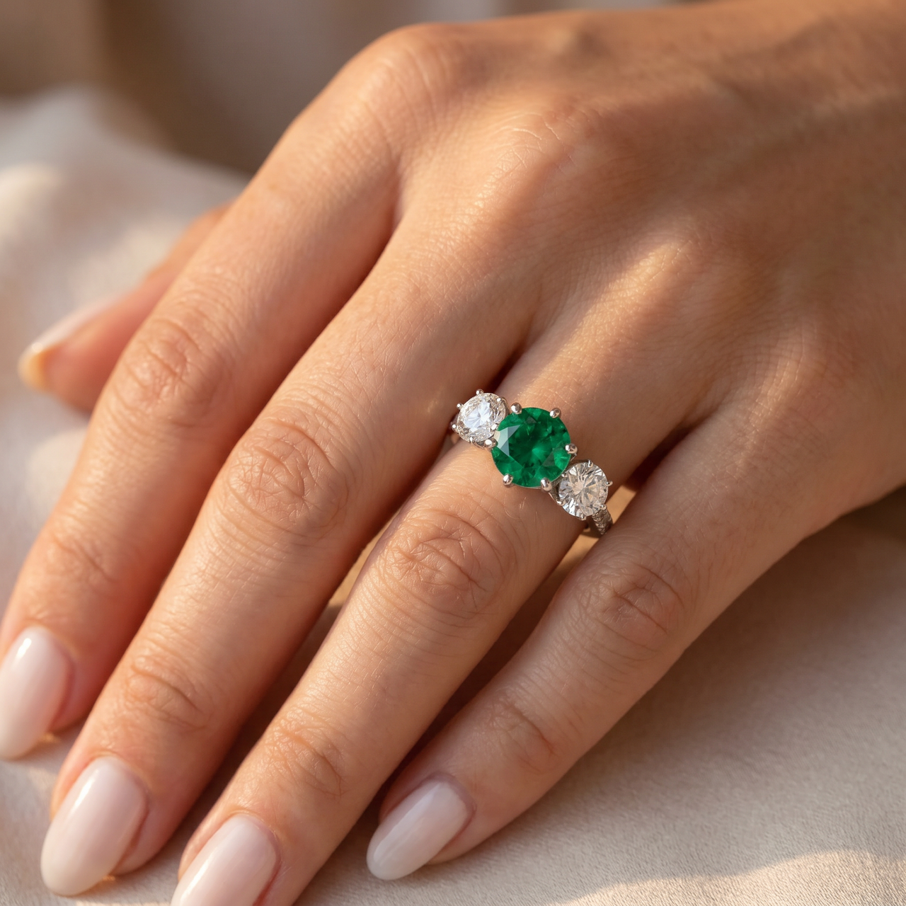 6 3/4Ct Emerald Diamond Ring Three Stone Gold Lab Grown (G-H, VS)