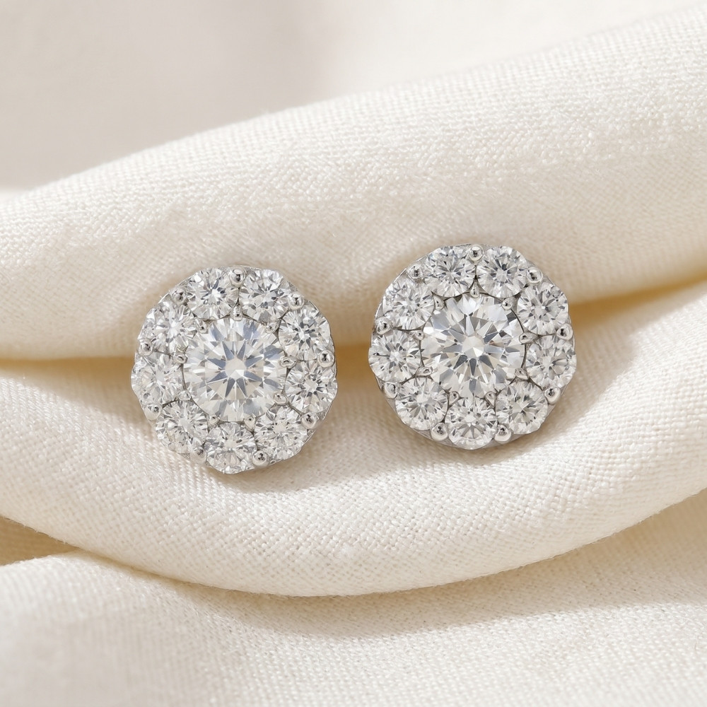 3ct Halo Diamond Studs 14K White Gold Lab Grown (F-G, VS)