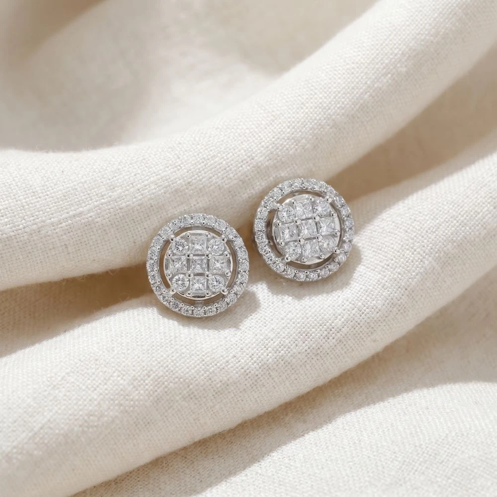 5/8 cttw Princess Cut Diamond Halo Screw Back Studs 10K White Gold 9.5MM (J-K, I2-I3)