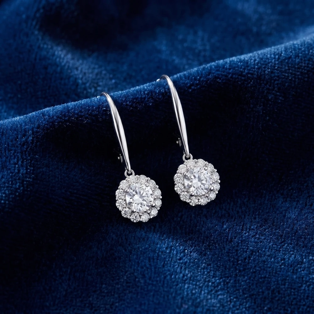 .89Ct TW Diamond Delicate Floral Shape Dangle Hoops Lab Grown Earrings Silver 1" (G-H, VS2-SI1)