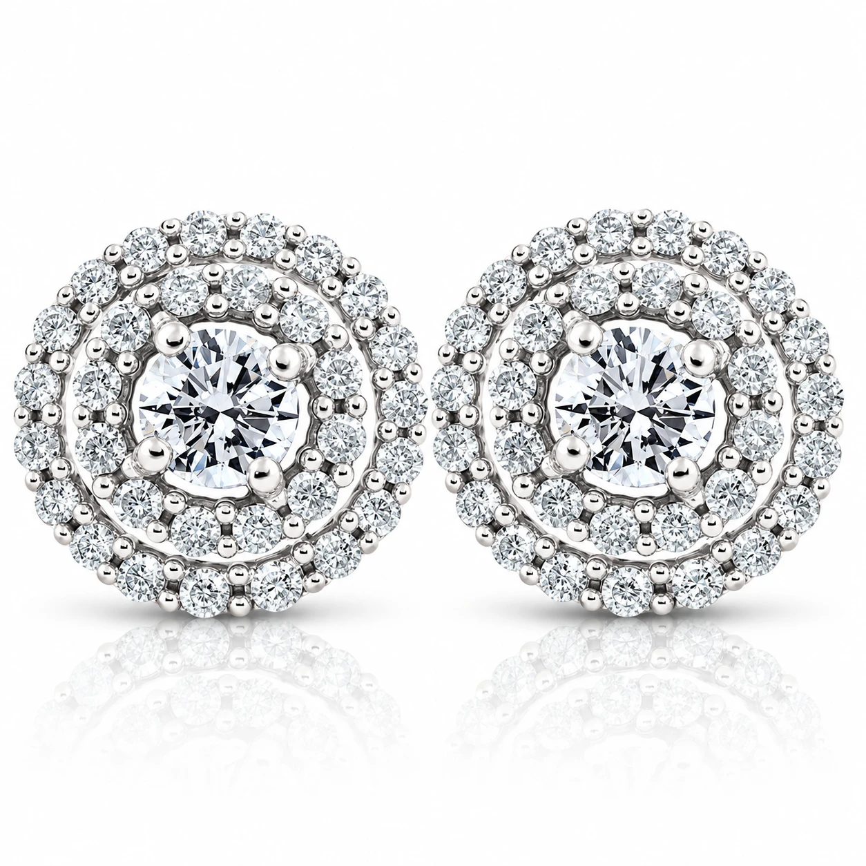 1Ct Natural Diamond Double Halo Studs Screw Back Women's Earrings White Gold (H-I, I2-I3)