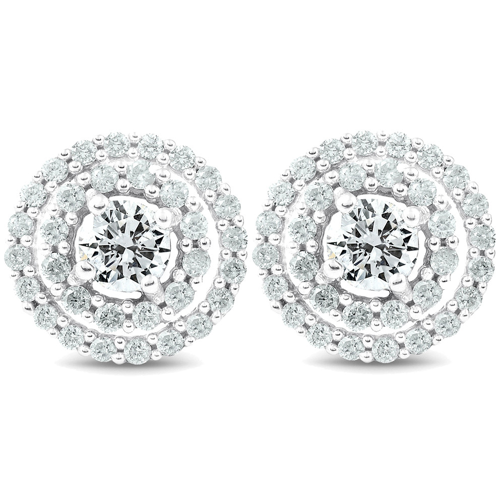 1Ct Diamond Double Halo Studs Screw Back Womens Earrings White Gold 10.2MM (H-I, I2-I3)