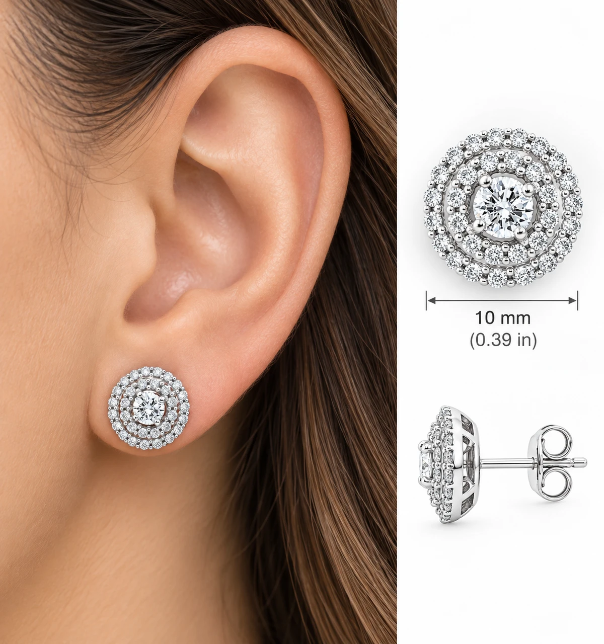 1Ct Natural Diamond Double Halo Studs Screw Back Women's Earrings White Gold (H-I, I2-I3)