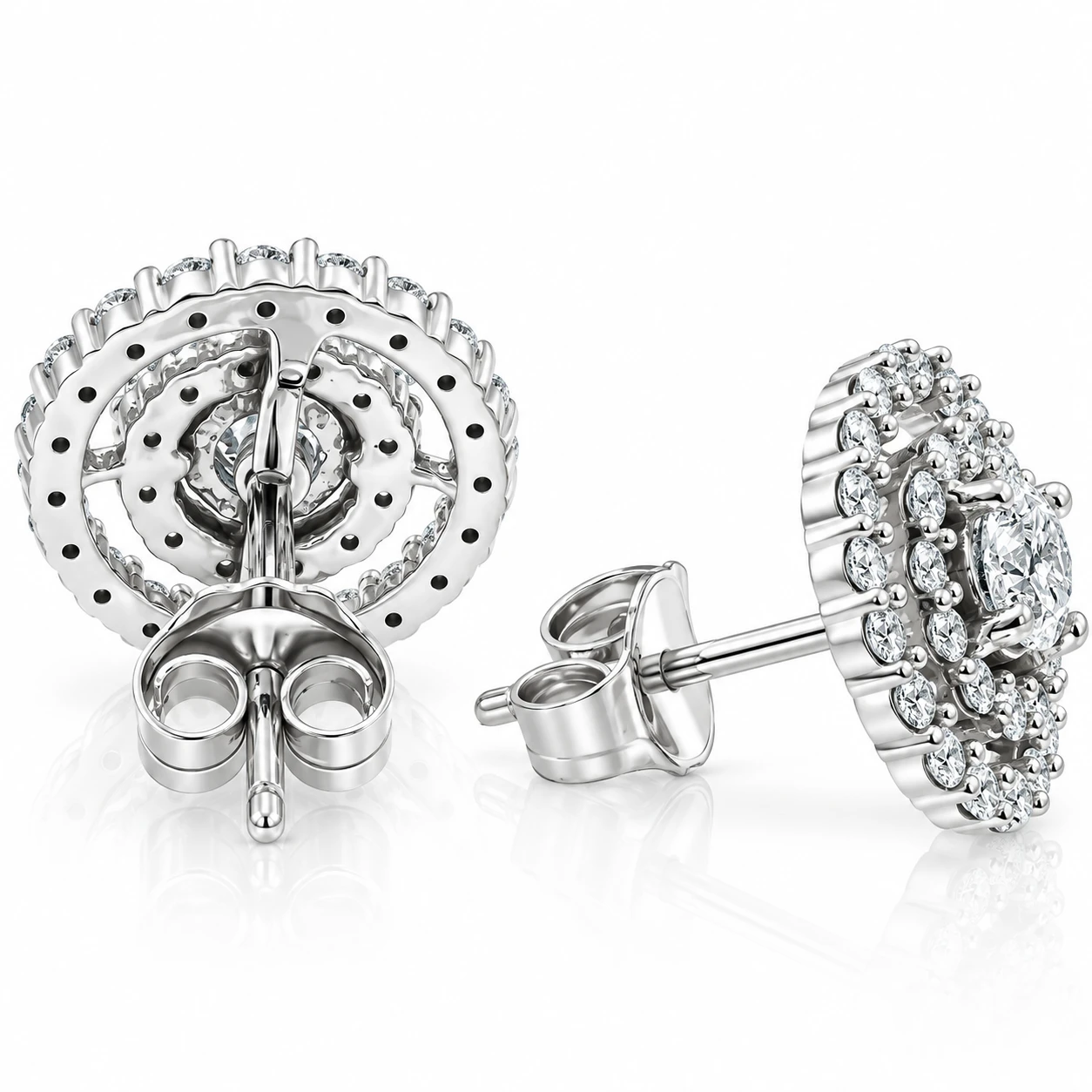 1Ct Natural Diamond Double Halo Studs Screw Back Women's Earrings White Gold (H-I, I2-I3)