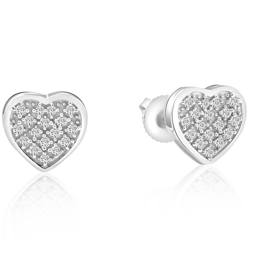 Pave Diamond Heart Studs Screw Back Earrings in White or Yellow Gold 10k (H-I, I1)