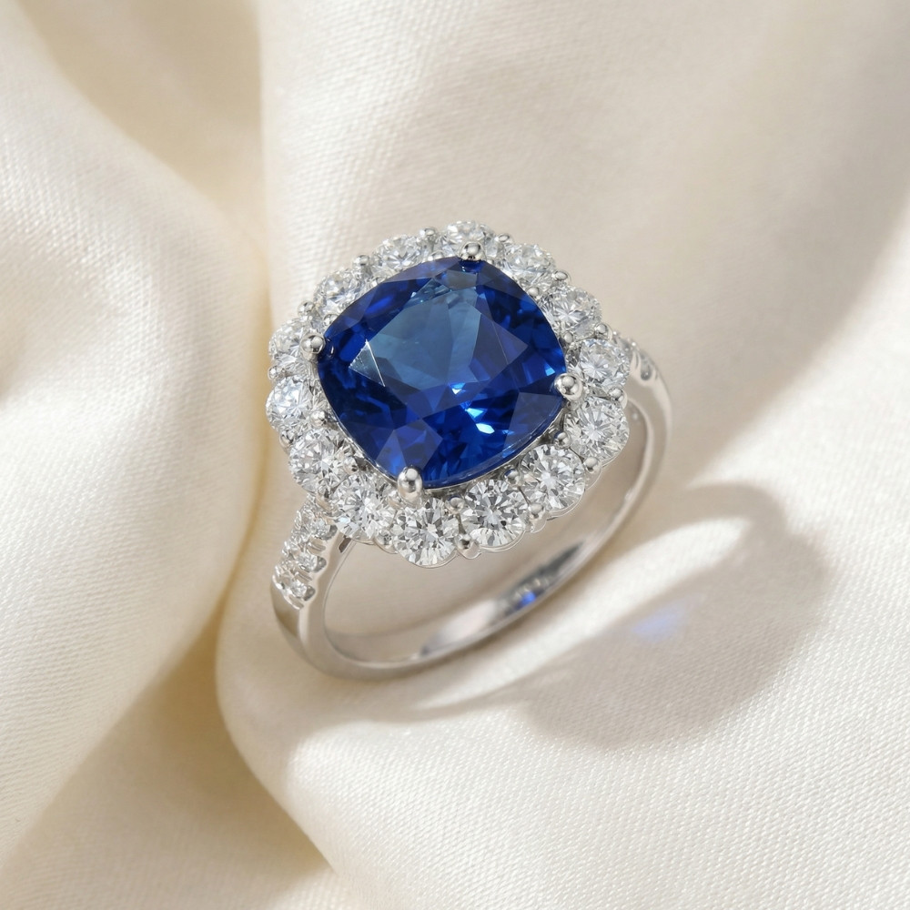 6.93Ct TW Natural Diamond Cushion Ring 14k White Gold Lab Grown Sapphire (H-I, VS)