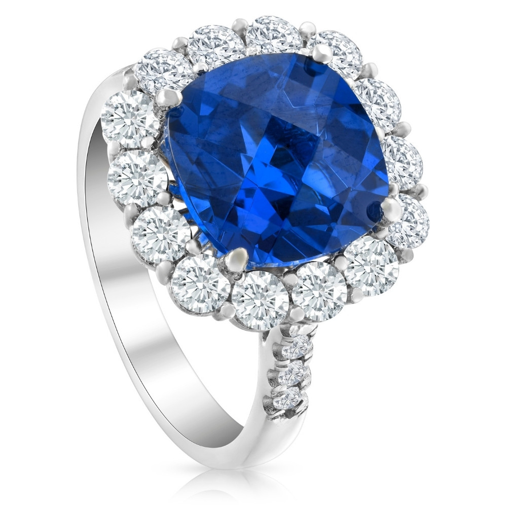 6.93Ct TW Natural Diamond Cushion Ring 14k White Gold Lab Grown Sapphire (H-I, VS)