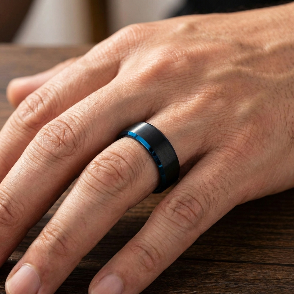 Men's Brushed Black Tungsten Ring Blue Polished Beveled Edge 8mm Wedding Band