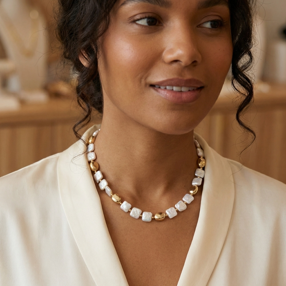 Pina Square Pearl 18k Yellow Gold Necklace