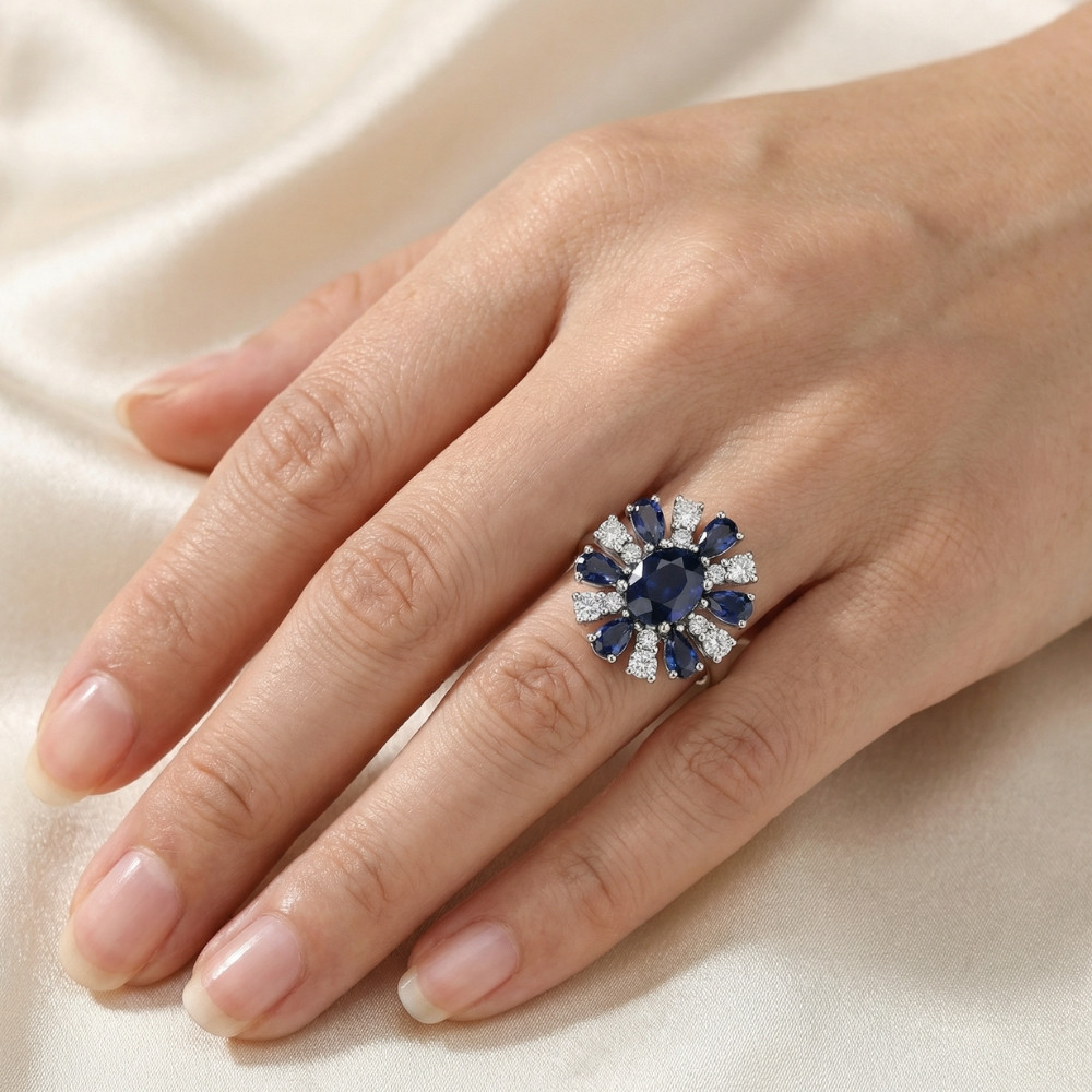 3.80Ct Nicole Blue Sapphire Diamond Ring 14k White Gold Lab Grown (E-F, VS)