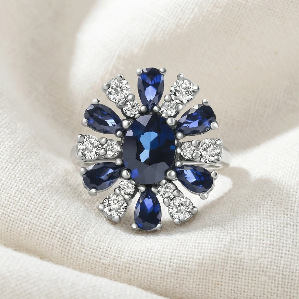 3.80Ct Nicole Blue Sapphire Diamond Ring 14k White Gold Lab Grown (E-F, VS)
