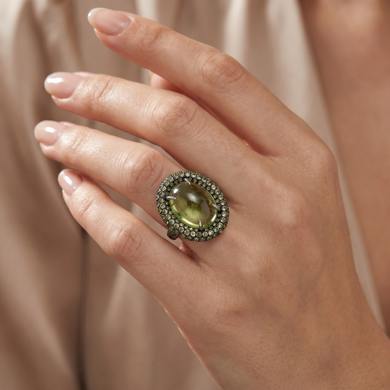 12.21Ct Peridot & Green Tourmaline Heirloom Ring 14k White Gold