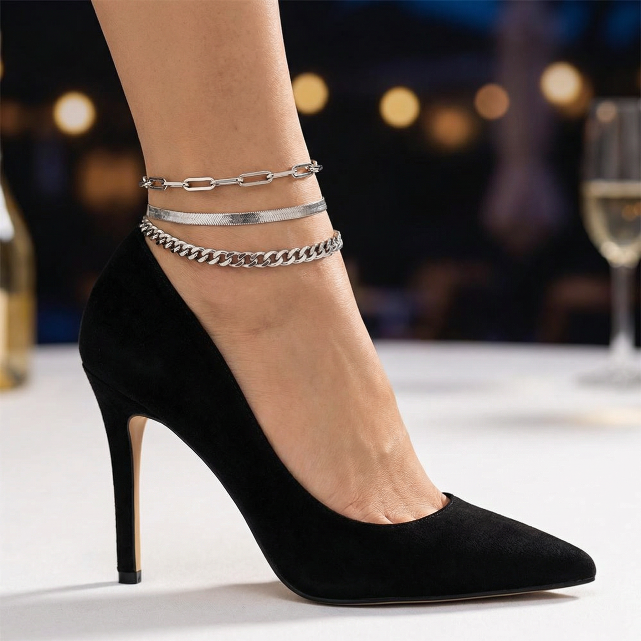 Cinthia Anklet 3 Piece Set Silver Plated 9" with 2" Extender