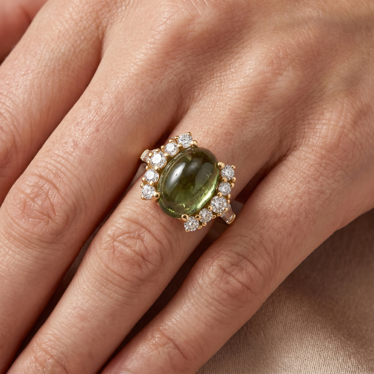 14.29Ct Green Tourmaline Heirloom Diamond Ring 14k Yellow Gold (E-F, VS)