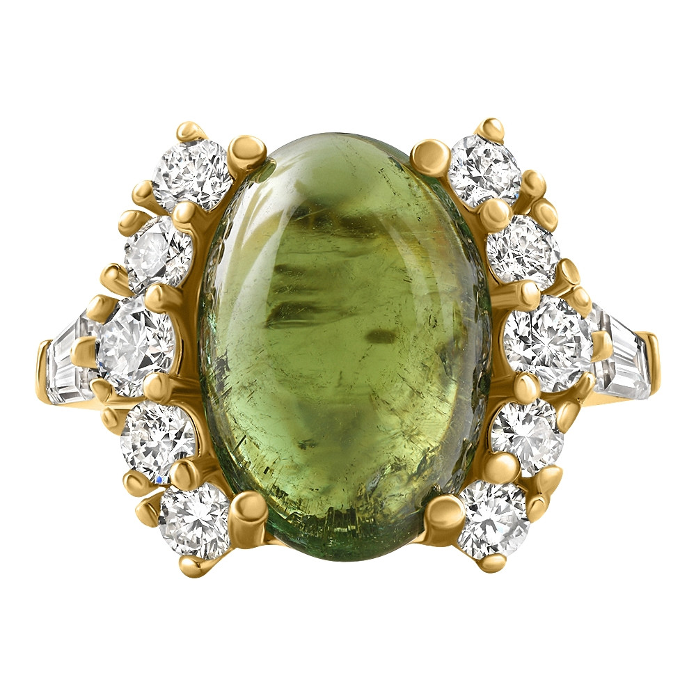 14.29Ct Green Tourmaline Heirloom Diamond Ring 14k Yellow Gold (E-F, VS)