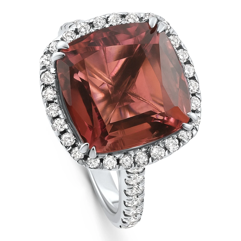 6.84Ct Red Brown Cushion Tourmaline Diamond Halo Ring 14k White Gold Lab Grown (E-F, VS)