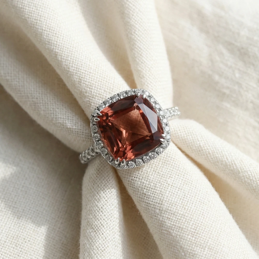 6.84Ct Red Brown Cushion Tourmaline Diamond Halo Ring 14k White Gold Lab Grown (E-F, VS)