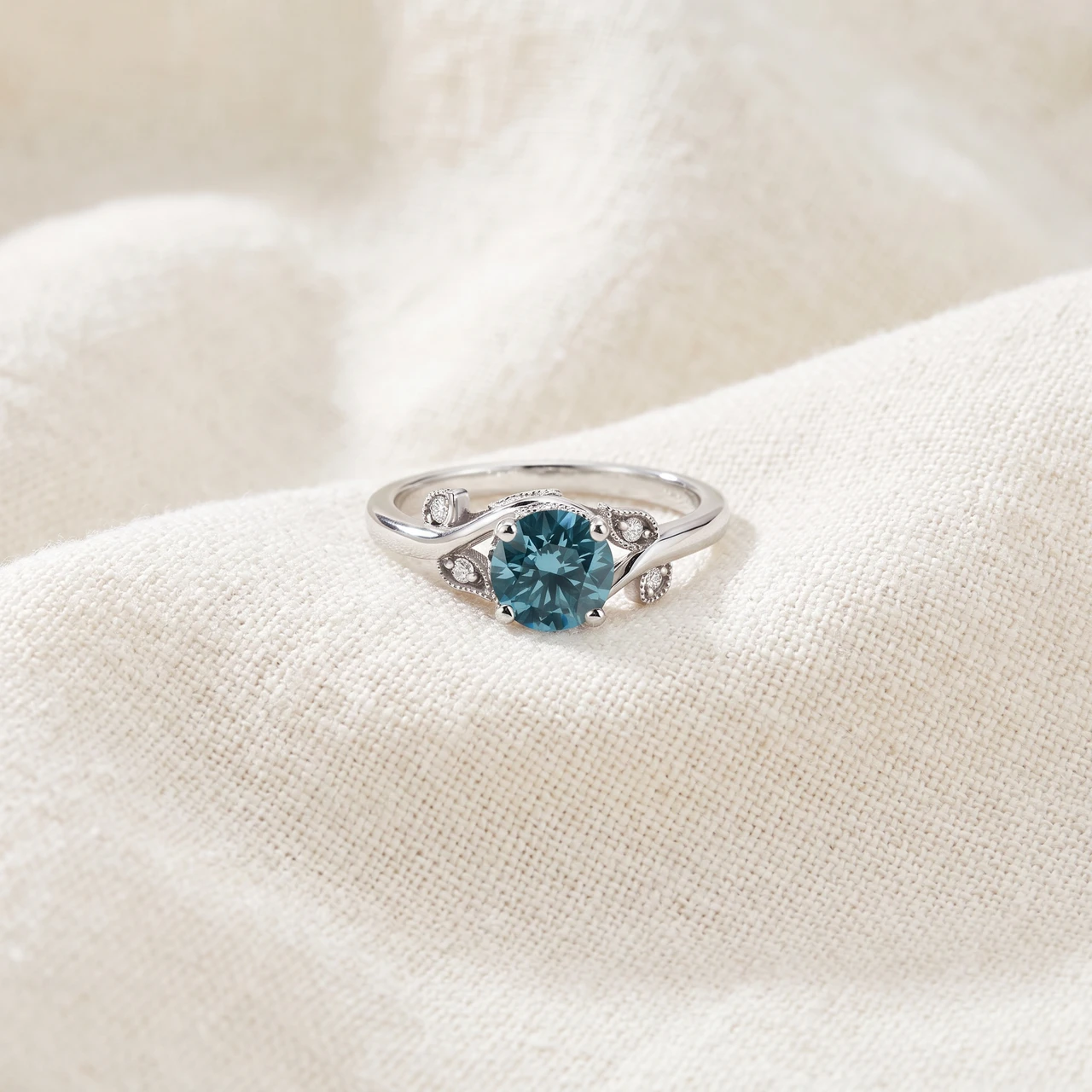 1.67Ct Blue Diamond Mary Ring Vine Engagement Ring 14k White Gold Lab Grown (Blue, VS)