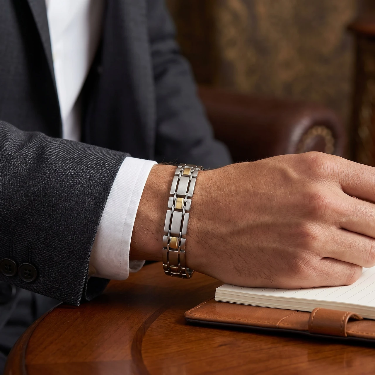 Men's Polished Steel And Dark Gold Two Tone Flexible 12mm Link 8 " Bracelet