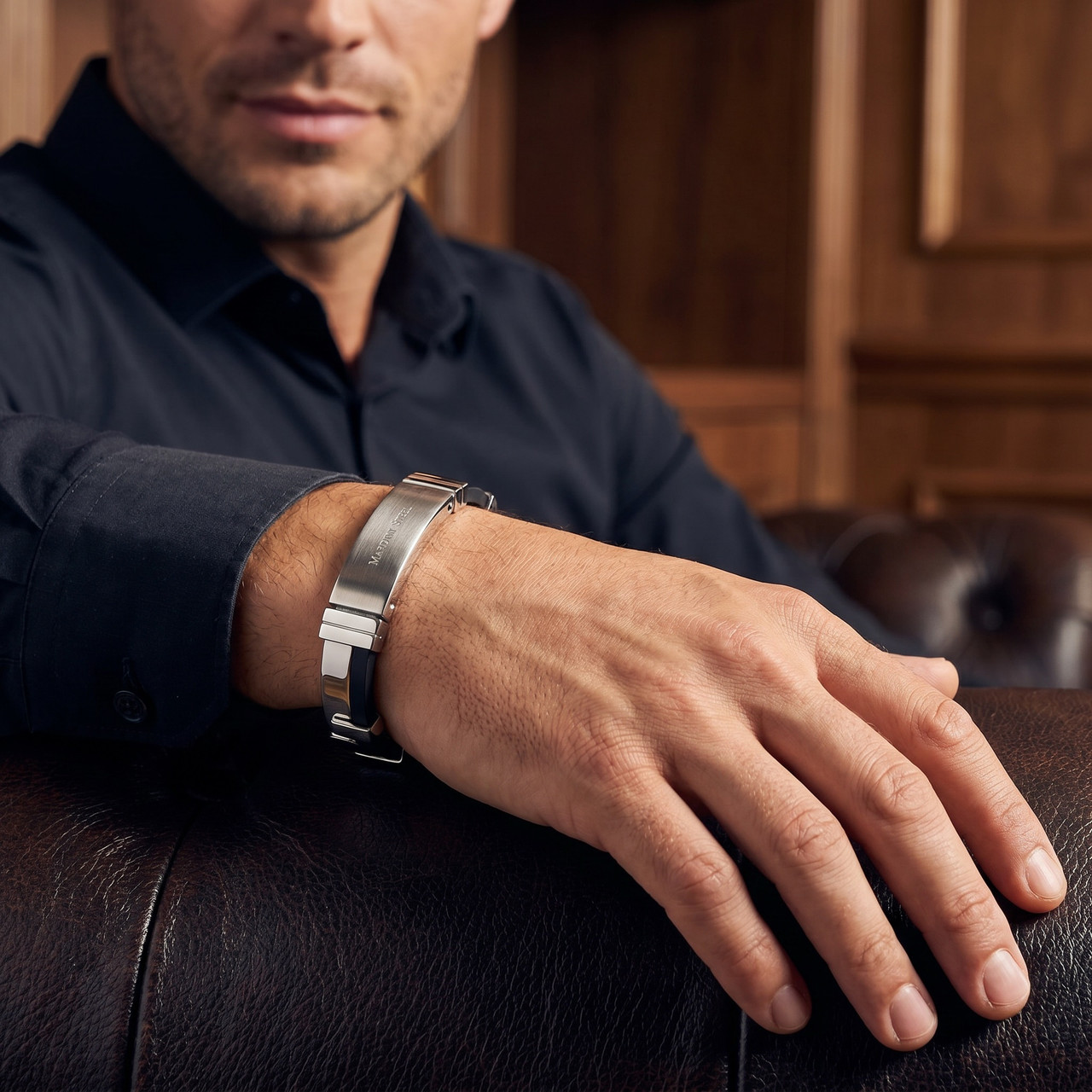 Men's Steel Polished Two Tone Black Latched 8" 11mm Cuffed Bracelet